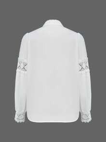 Women's Elegant Vintage Mandarin Collar Lantern Sleeve Blouse, Solid Color Woven Fabric With Lace Trim, Front Button Closure, Suitable For Office, Daily Wear, Date, Airport, Vacation, Spring/Autumn - White - View 2