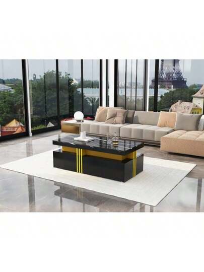Moderne Rectangular Coffee Tafel High Gloss Top, Wooden Drawers, Marbled Tabletop, Living Room, 100*50*40 Cm