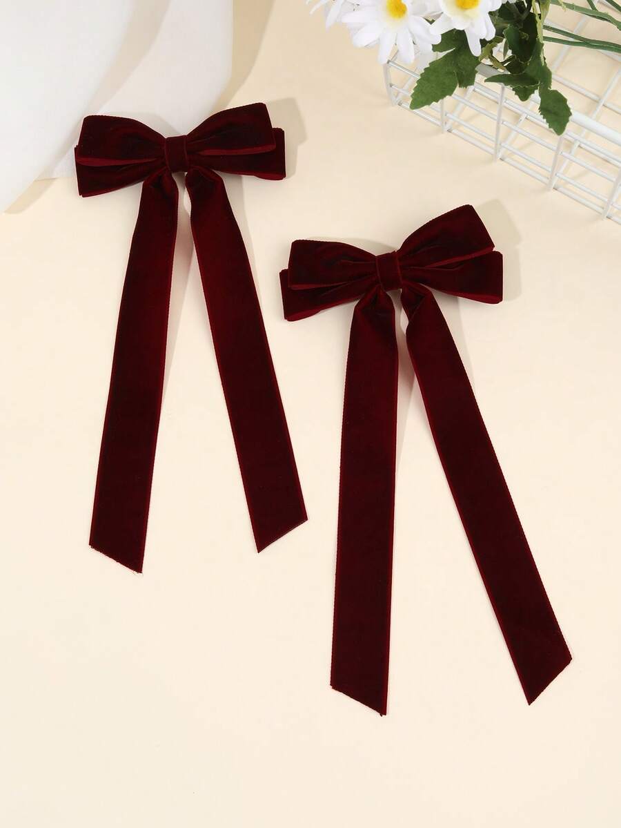 2个酒红色蝴蝶结发夹，女士纯色丝绒蝴蝶爪夹，优雅长尾蝴蝶结发夹，秋冬蝴蝶结发饰，女士发夹，发卡 - 酒紅色 - 查看 1