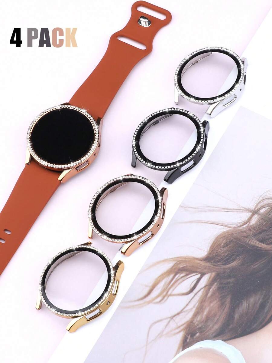 4 件装闪亮水钻保护壳,兼容三星 Galaxy Watch 4/5/6/7(40mm 和 44mm)。这款二合一保护壳采用防刮硬质 PC 边框和一体式高清钢化玻璃屏幕保护膜。专为女性设计,兼具时尚休闲外观和耐用运动性能,确保佩戴舒适和触控灵敏。4 色套装。 - 銀色+黑色+金色+玫瑰金 - 查看 1