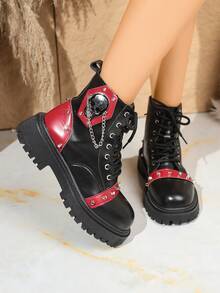 Women's Ankle Boots, Solid Color Basic Style, Side Zipper, School Style, Outdoor, Office, Halloween, Christmas, Party, Wedding, Holiday, Winter, Thick Sole, Lace-Up, Comfortable, Back To School, Motorcycle Style, Boots, Minimalist, Glossy Black, Fashion Short Boots - Red - View 8