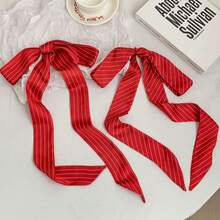 Silk Scarf Long Red Striped Fashion Neck Warmer Scarf Headscarf Bow Hairband Braided Hair Tie Bag Ribbon Waist Belt - 紅色豎絲巾 - 查看 3