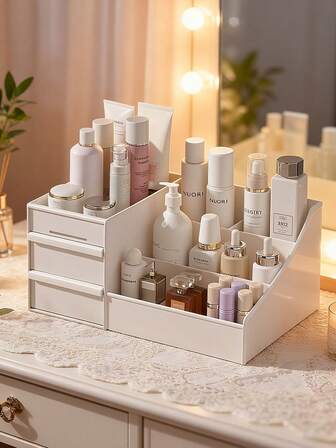 1pc Large Capacity Multi-Grid Plastic Makeup Organizer, Pink Desktop Cosmetic Storage Box With Drawers For Vanity Table