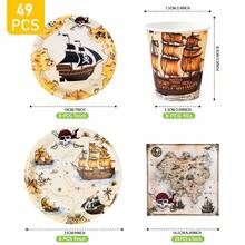 8-Guest Pirate Treasure Map Disposable Tableware Set, Including Plates, Napkins And Cups, Suitable For Birthday, Wedding, Theme Party, Family Picnic - Multicolor - View 2