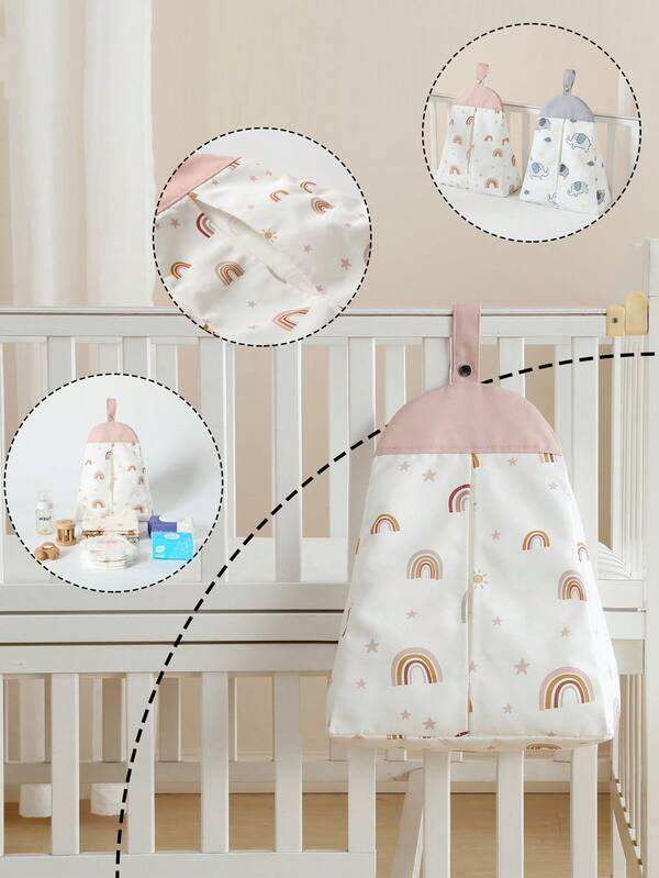 1 pieza Bolsa colgante de almacenamiento de poliéster con oso rosa bebé y arcoíris, organizador de cuna para bebé, bolsa de almacenamiento de juguetes y pañales para bebé, bolsa de almacenamiento para niños de gran capacidad