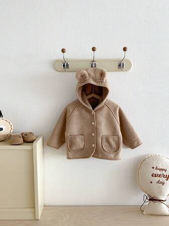 1 pieza Chaqueta térmica con capucha de oso lindo para bebés niños/niñas, de manga larga, cálida, para otoño/invierno