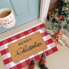 LAN-Christmas Door Mat Combo Set - 100 Coco Coir Welcome Mat + 28 X 43 Inch Red And White Plaid Rug Christmas New Year Holiday Collection Doormat For Front Porch Entryway DecorativeS138 - 24x37Rectangular - View 4