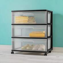 Storage Drawer, 3 Drawer Wide Plastic Storage Cart With Clear Pull Out Drawers, Black - Black - View 7