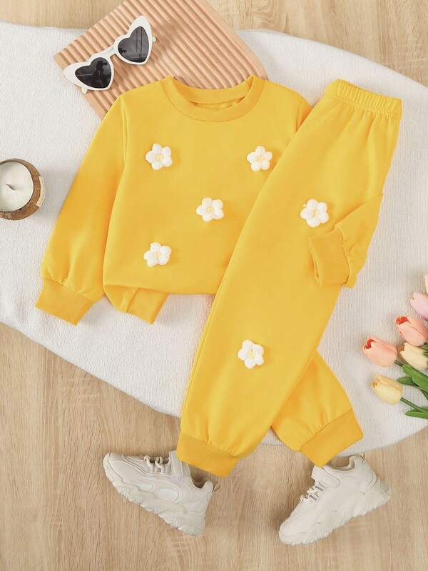 2pcs Girls' Solid Color Fabric 3D Embellished Soft Basic Round Neck Sweatshirt + Comfortable Casual Pants Set - Perfect For Spring And Autumn Playtime Outfits, Perfect For Outdoor