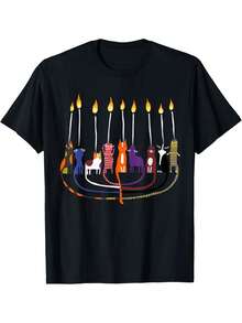 Camiseta de  con candelabro de gato divertido, negra, casual, de manga corta, camiseta deportiva para hombres, 220g - Negro - Ver 6