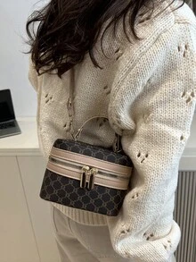 Túi xách hộp nhỏ họa tiết hoa tối giản màu tương phản cổ điển dành cho nữ - Cà phê - Xem 6