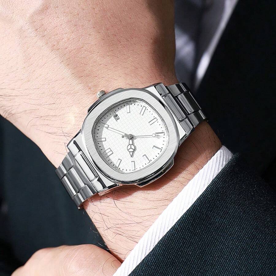 1pc Men's Fashion Steel Band Quartz Wrist Watch, Calendar, Holiday Gift, Gift, Non-Adjustable Strap - White - View 1