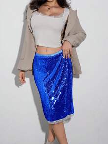 Women's Festival Sequin Skirt | Y2K High Waisted Sparkly Midi For Concerts & Club | Stretchy Lace Trim Party Skirt - Màu xanh hải quân - Xem 1