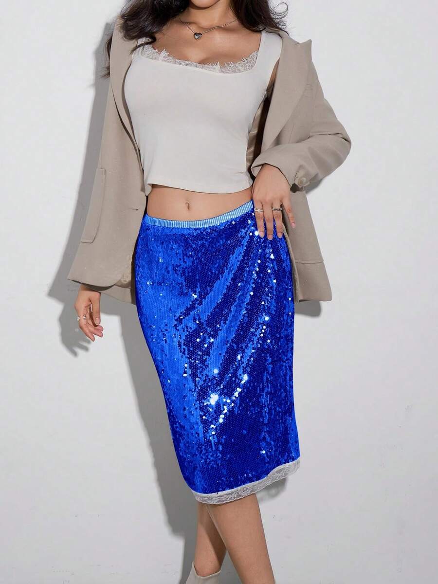 Women's Festival Sequin Skirt | Y2K High Waisted Sparkly Midi For Concerts & Club | Stretchy Lace Trim Party Skirt - Màu xanh hải quân - Xem 1