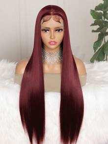 99J 酒红色长直顺滑合成蕾丝前假发，女士款，预先拔毛漂白发际线，适合角色扮演、日常派对，耐热纤维 - 彩色 - 查看 5
