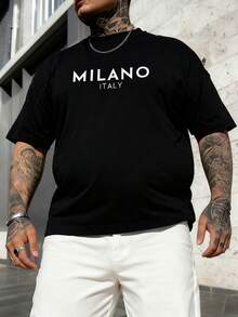 Plus Size Men's Casual Fashion Milan English Graphic Short Sleeve T-Shirt - Black - View 1