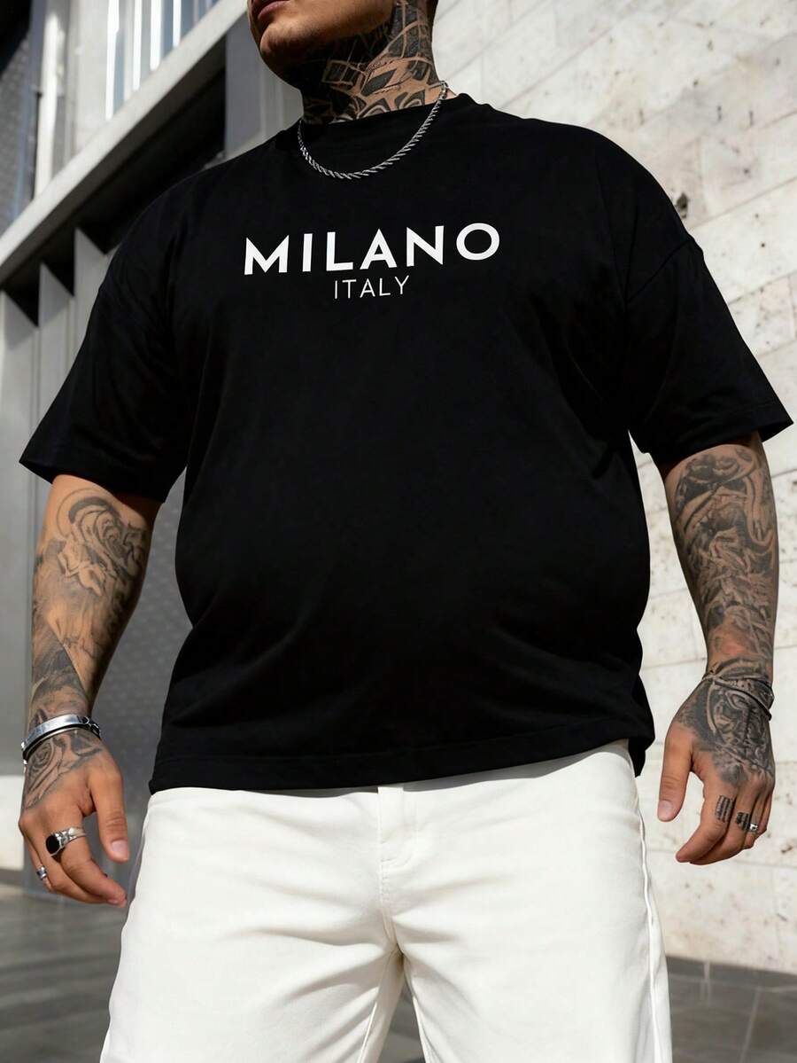 Plus Size Men's Casual Fashion Milan English Graphic Short Sleeve T-Shirt - Black - View 1