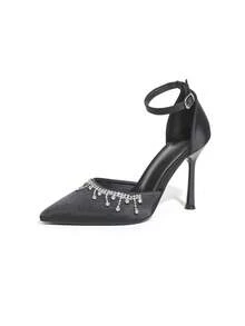 Women's Elegant Black Satin High Heels With Ankle Strap, Pointed Toe, Rhinestone Tassel Decor - Black - View 8