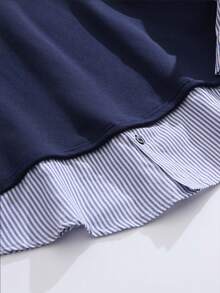 Casual College Style Men's Striped Patchwork Button-Down Collar Long Sleeve Polo Shirt, Suitable For Spring And Autumn - Navy Blue - View 5