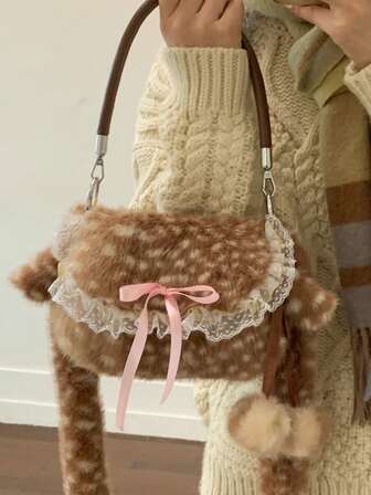 1pc Fashionable Brown Faux Fur Cute Deer Print Shoulder Saddle Bag, Minimalist Bow & Lace Trim Mini Handbag (Comes With Pom Pom Charm), Suitable For Daily, Casual, Gift