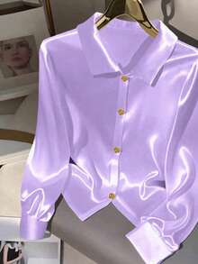 Women's Turn-Down Collar Solid Color Button Front Long Sleeve Casual Shirt - Purple - View 2