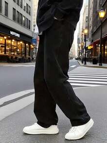 Men's Wash Denim Jeans - Baggy Fit, Casual Streetwear Essential,Trending Denim Jacket - Oversized Style - Relaxed Fit, All - Season Layering - Loose, Vintage - Inspired Streetwear. - Đen mun (32L) - Xem 5