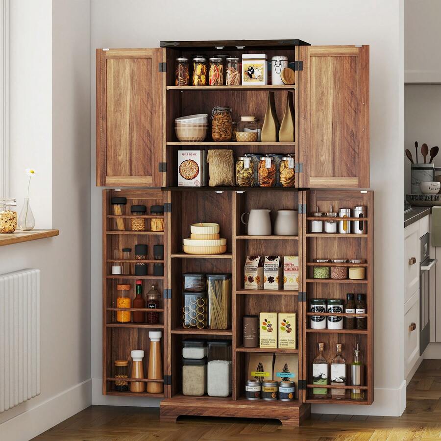 HOMCOM 64" Tall Kitchen Pantry Cabinet, Farmhouse Freestanding Buffet Storage Cabinet With Spice Racks, Adjustable Shelves And Barn Doors For Dining Room, Brown Wood Grain - Brown - View 1