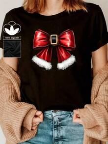 Camiseta informal de mujer, 100% algodón, con estampado navideño, cómoda camiseta de manga corta y cuello redondo, ideal para primavera y verano, apta para cualquier ocasión, color liso, estilo informal, para uso diario. - Negro - Ver 1