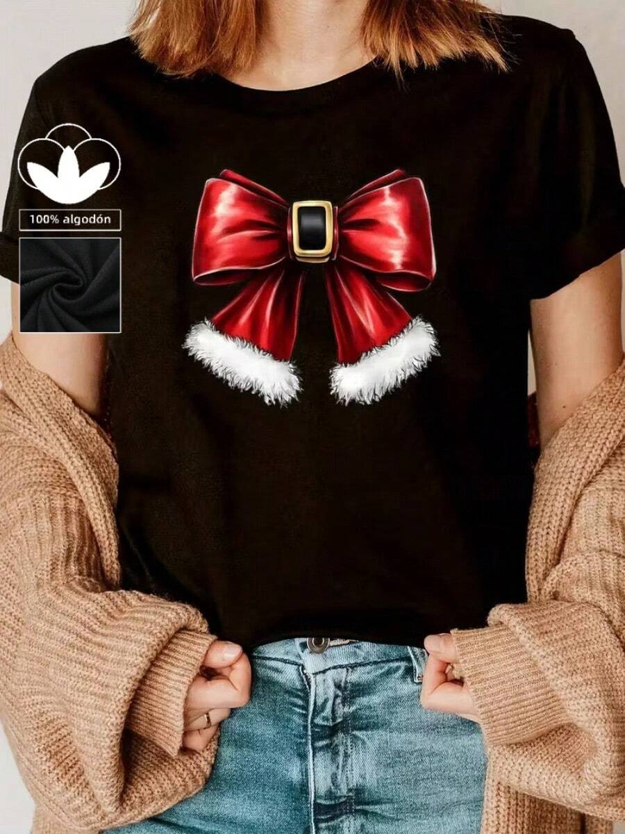 Camiseta informal de mujer, 100% algodón, con estampado navideño, cómoda camiseta de manga corta y cuello redondo, ideal para primavera y verano, apta para cualquier ocasión, color liso, estilo informal, para uso diario. - Negro - Ver 1