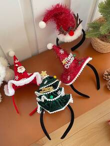1pc Cute Plush Red Santa Hat, Cartoon Snowman Green Christmas Tree Headband For Women, Photo Prop & Party Accessory, Hair Band, Hair Hoop - Multicolor - View 2