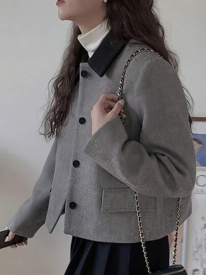 Women Short Stand Collar Color Block Coat, Autumn/Winter