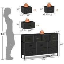 GIKPAL 10 Drawer Dresser For Bedroom, Dresser TV Stand With Power Outlets, Entertainment Center Chest Of Drawers For 55'' Long TV, Wide Fabric Dresser For Storage And Organization,  Black-PU - 查看 5