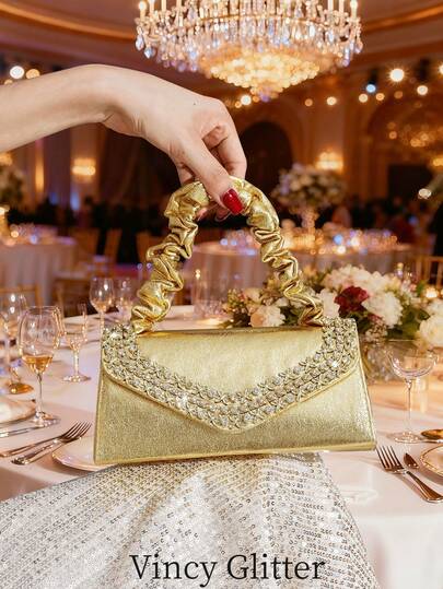 Błyszcząca złota wieczorowa kopertówka z kryształkami, elegancka torebka na imprezy, wydarzenia i spotkania, uniwersalna na telefon, szminkę i inne niezbędne drobiazgi