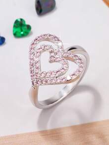 1pc White Gold Plated Round Cubic Zirconia Ring, Hollow Heart Design, Elegant Style Suitable For Women To Wear On Dates, Banquets, Parties, Birthdays, Graduations And Other Occasions - Pink - View 4