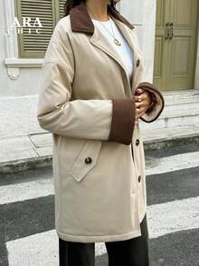 ARA CHIC Women's Khaki Contrast Collar Casual Practical Windbreaker - High-End Quilted Warm Mid-Length Jacket, Suitable For Outdoor And Daily Commute, Autumn/Winter New Arrival - Khaki - View 6