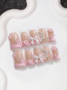 10pcs Handmade Pearl French Manicure Set, Pink Press-On Nail Stickers, Medium Almond-Shaped Nail Stickers, Square Nails, Duck Billed Nails, Elegant Nails, 3D Handmade Floral False Nails Decorated With Pink 5-Petal Flowers, Includes Tool Kit (1 Jelly Sticker + 1 Nail File), Suitable For Women And Girls, Weddings, Parties, Autumn/Winter Daily Wear Nail Supplies Handmade Press On Nails - Multicolor - View 2