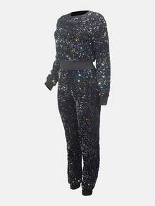 2 pièces Tenue de femme décorée de paillettes brillantes, Top à manches longues et col rond assorti à un pantalon slim, convient pour les fêtes. Ensemble de luxe pour femmes pour Noël avec Top à manches longues et col rond et pantalon fuselé. Costume de Noël et Halloween pour femmes. Ensemble coloré d'hiver pour femmes - Coloré - Voir 3