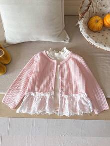 2-5 Years Old Girls Floral Lace Hem Cardigan, Simple Single-Breasted Casual Jacket, Spring/Autumn