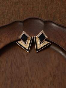 Glisma Pendientes largos geométricos con diseño de diamante de imitación - Negro - Ver 3