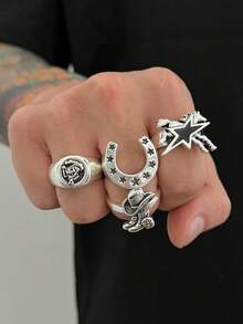 4pcs/Set Casual Minimalist Geometric Liquid Teardrop Metal Ring Set, Fashionable Punk Charm Jewelry For Men - 4-piece Ring Set - View 6