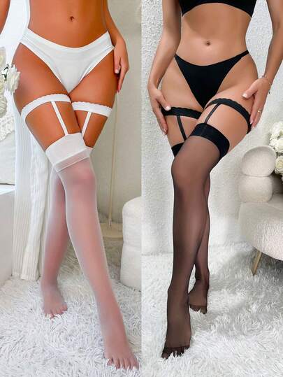 1 Pair Sexy Women's Thigh High Stockings With Garter Belt, White Suspender Over-The-Knee Socks, High Elasticity, Pantyhose, Comfortable, Suitable For Christmas, Valentine's Day, Anniversary To Create A Sexy Look.