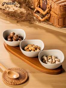 Bộ 1 bát sứ kèm khay gỗ, có thể đựng kẹo, đồ ăn vặt, các loại hạt, trái cây, đĩa phục vụ vuông 2/3/4 kiểu dáng sáng tạo, thích hợp cho gia đình, nhà hàng, tiệc tùng. - Cái mâm - Xem 4