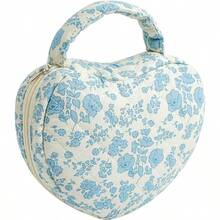 HHQQWZ - Bolsa de cosméticos de algodón floral en forma de corazón para mujer bolsa de maquillaje acolchada con cierre de viaje con asa organizador de artículos de cambiador de flores bolsa de tela - 02Azul Floral - Ver 1