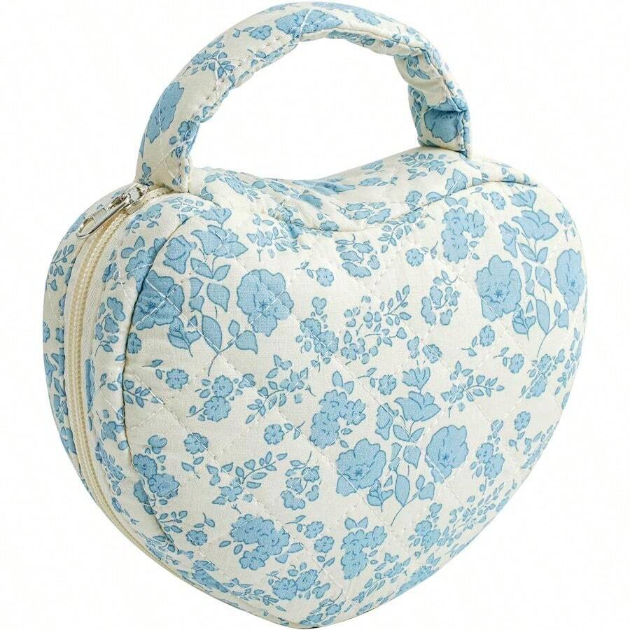 HHQQWZ - Bolsa de cosméticos de algodón floral en forma de corazón para mujer bolsa de maquillaje acolchada con cierre de viaje con asa organizador de artículos de cambiador de flores bolsa de tela - 02Azul Floral - Ver 1