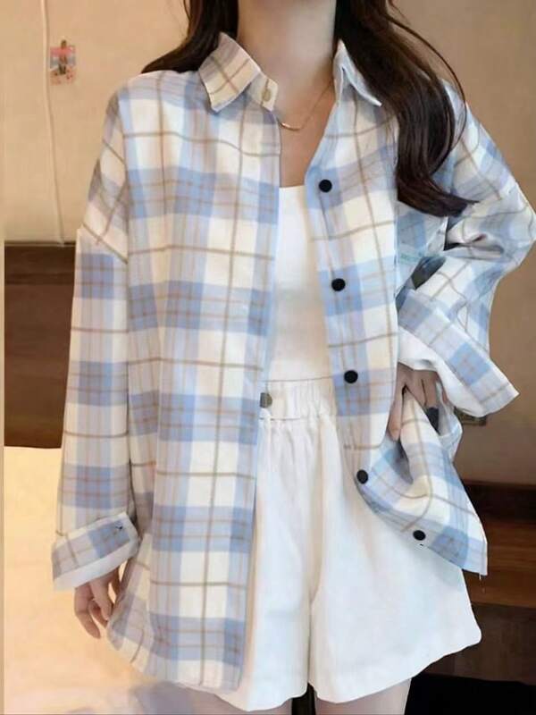 Koszula damska flanelowa w kratę, casualowa, z długim rękawem, jesień/zima