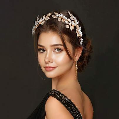 1pc Handmade Bridal Headband Headpiece, Faux Pearl & Gold Leaf Design, Wedding/Performance Accessory
