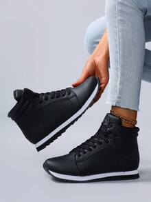 女士复古简约设计圆头系带踝靴，透气舒适，原创学院风，四季皆宜的百搭休闲鞋 - 黑色 - 查看 14