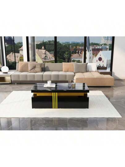 Moderne Rectangular Coffee Tafel High Gloss Top, Wooden Drawers, Marbled Tabletop, Living Room, 100*50*40 Cm view 2