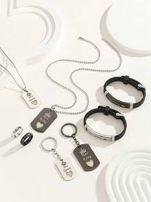 ATLVXJL 8 Peças/Conjunto Colar de Casal/Amizade que Brilha no Escuro, Pulseira de Silicone, Anel, Chaveiro com Coração, Designs de Coroa, Conjunto de Joias Casuais para Uso Diário e Presente do Dia dos Namorados - Multicolorido - Visão 7