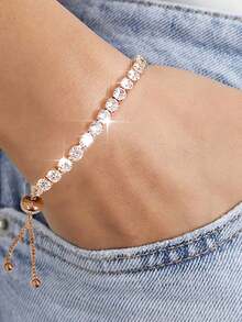 1pc Versatile Shiny Tennis Round CZ Chain Bracelet Everyday Wear Versatile Accessory Holiday Wedding Engagement Anniversary Party Gift - Bracelet - View 3